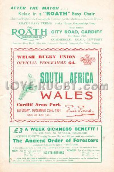 1951 Wales v South Africa  Rugby Programme